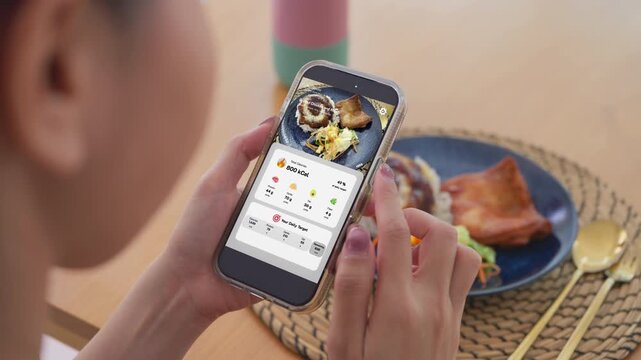 Young adult asian people active using AI phone record data daily meal calorie tracker clean food scan diet app control. Asia Smart living care happy life goal routine plan lunch time home dining table