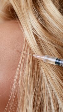 Medical professional administers injection into scalp near blonde hair.
