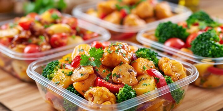 Several clear containers filled with colorful, healthy meals are arranged on a wooden surface.