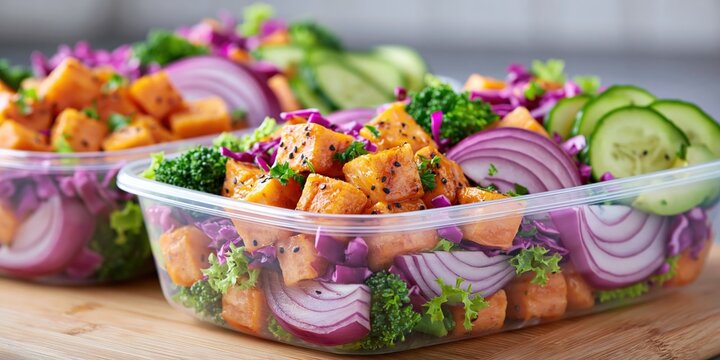 Two clear plastic containers hold colorful vegetable and sweet potato meals.
