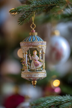 Christmas Tree Decorations designed as carousel dome ornament with painted figurine inside and ornate floral and architectural details