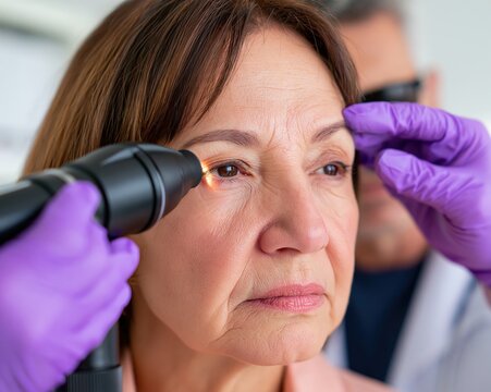 Professional examining a womans eye with a specialized instrument.