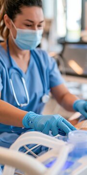 A healthcare professional in protective gear attends to a patient connected to medical equipment.