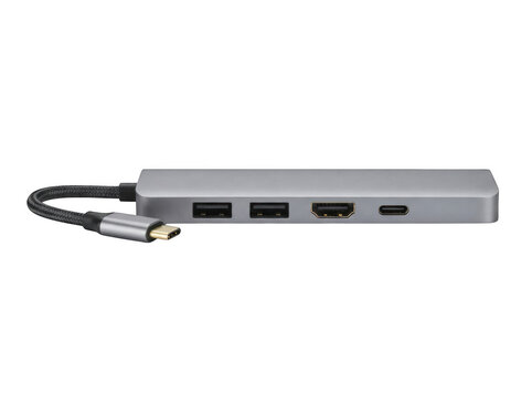 Modern grey usb type c hub adapter with multiple ports for laptop computer connection and data transfer isolated on transparent background