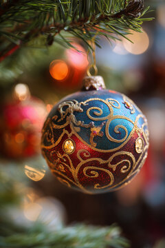 Christmas Ball in red and blue metallic with raised gold scrolls and gems used as festive pine tree ornament