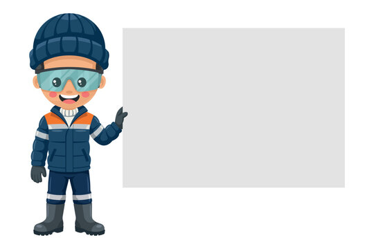 Industrial cold chain engineer holding a large blank presentation board with space for text for thermodynamic protocols in cryogenic storage facility and subzero temperature warehouse system