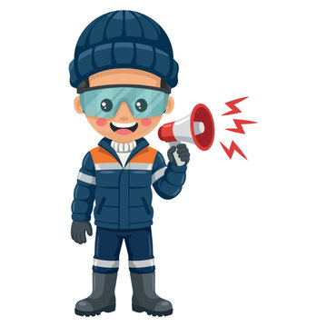 Industrial cold chain engineer using a megaphone to announce safety alerts and emergency protocols during subzero temperature operations in the cryogenic storage facility