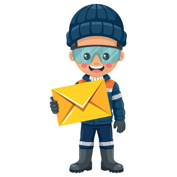 Industrial cold chain engineer holding a notification envelope for logistics communication contact and subzero temperature warehouse distribution management protocol plan