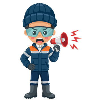 Industrial cold chain engineer using a megaphone to broadcast safety alerts and emergency evacuation protocols during subzero temperature operations in cryogenic facility