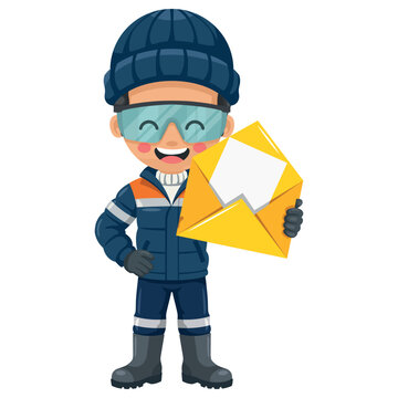Industrial cold chain engineer holding an open notification envelope for logistics communication contact and subzero temperature warehouse distribution management systems