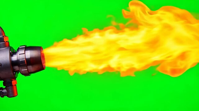 Flamethrower Fire Jet Streaming from Nozzle on Green Screen