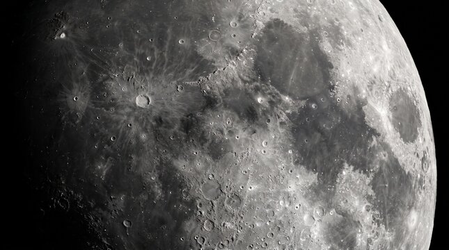 Detailed close up view of the moon surface featuring craters and maria in monochrome