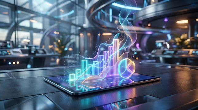Business charts appearing as surreal abstract forms on a tablet placed in a futuristic workspace, environment with soft reflections and blurred architectural elements, ambient lighting with glowing ac
