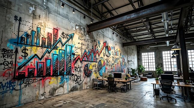 Corporate data charts rendered as large-scale graffiti mural inside an industrial office loft, metal beams and raw concrete environment, moody directional lighting from above, wide shot using 24mm len
