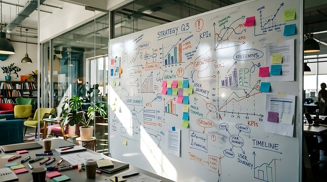 Strategic business charts in vivid colors across a whiteboard filled with layered annotations, modern workspace with glass partitions and creative decor, directional lighting with strong highlights, d