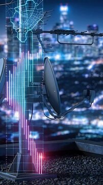 Vertical video: Starting holo panel, Yagi mast and dishes showing neon bars on roof, sending signal