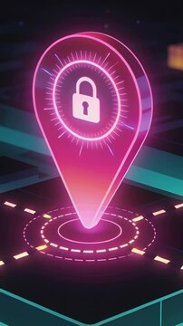 Vertical video: Following dotted light trail, hologram pin turning on grid, padlock locking node
