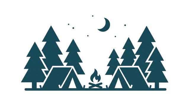 Minimalist night camping silhouette icon, outdoor forest campfire landscape logo, pine trees tent vector design element