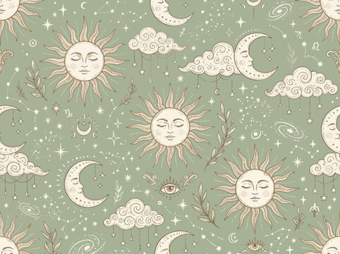 Sun and Moon celestial pattern with clouds stars and foliage