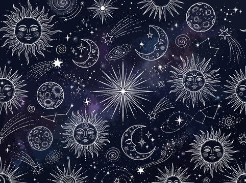 Sun and Moon celestial motifs against starry night sky