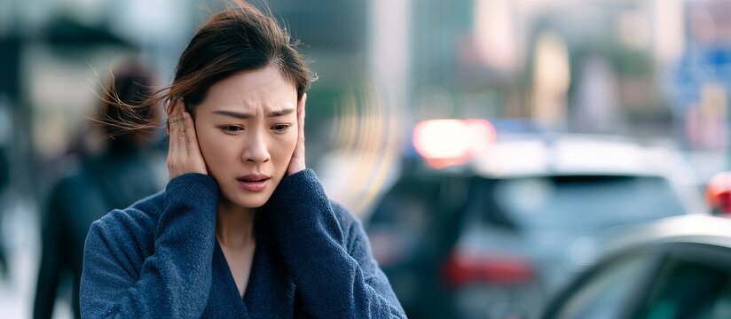 Woman covering ears with hands on busy city street with blurred traffic. Distressed female reacting to loud noise. Noise pollution, sensory overload and stress concept.