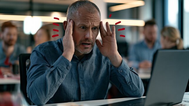 Stressed mature businessman holding his temples at laptop in modern open plan office with colleagues in background. Workplace headache and migraine pain. Work stress and burnout concept.
