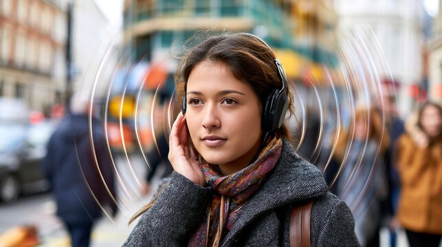 Young woman wearing wireless headphones listening to music on a busy city street with sound waves radiating around her head. Music streaming and podcast listening.