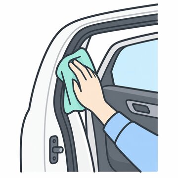 Hand wiping a car door frame with a cleaning cloth