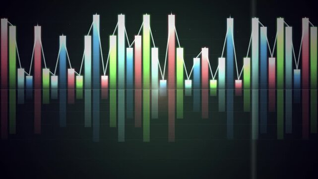 Colorful vertical bar chart loop against a dark reflective background.