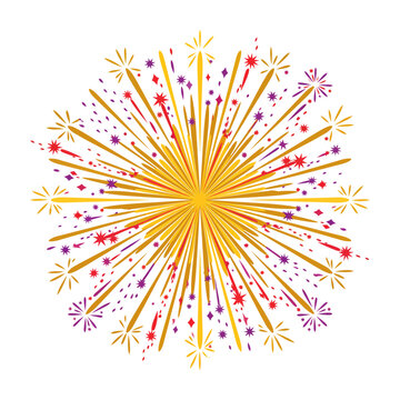 Golden Fireworks Burst New Year's Eve Celebration Decoration Flat Vector Isolated on White