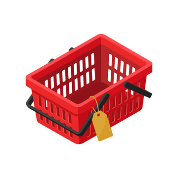 Red Retail Shopping Basket with Blank Sale Tag Boxing Day Shopping Flat Vector