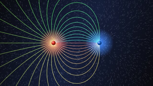 Electric Dipole Field Lines Illustration With Red And Blue Charges On Dark Starry Background