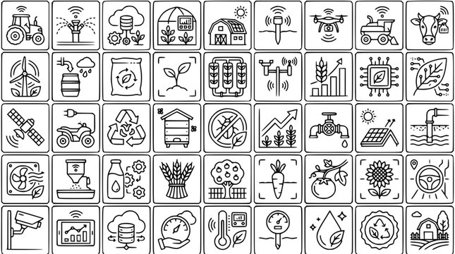 Smart Agriculture and Precision Farming Line Icons Collection, IoT Irrigation, Crop Monitoring and Sustainable Agricultural Technology Vector SetSmart Agriculture and Precision Farming Line Icons Coll