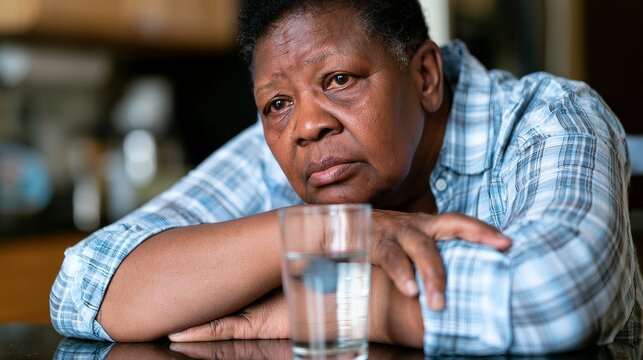 Close-up of a middle-aged man resting his arms on a table beside a glass of water. Mental health and emotional wellbeing. Stress, fatigue and burnout. Contemplation and self-care.