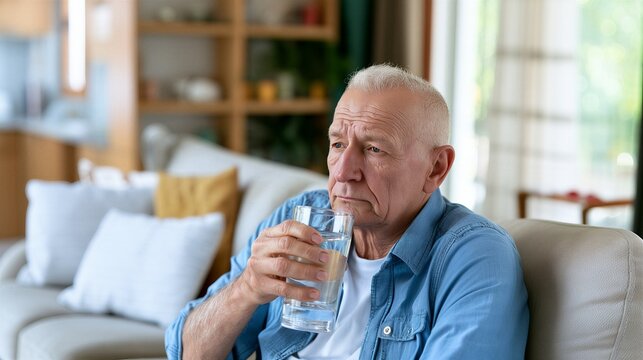 Senior man drinking a glass of water while seated on a living room sofa. Hydration and healthy aging. Everyday wellness and self care. Comfortable home lifestyle.