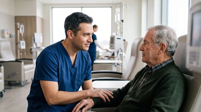 Healthcare worker comforting older man during hospital visit. Patient care and compassionate support. Elder care, geriatric medicine and clinical wellbeing. Hospital treatment and recovery