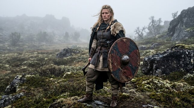 Fierce Viking shieldmaiden holding wooden round shield and battle axe in misty Scandinavian tundra
