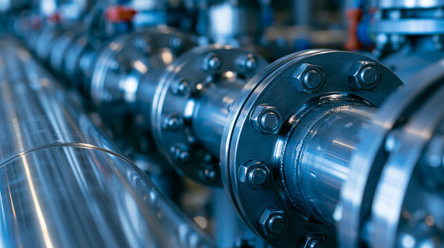 Industrial steel pipes with bolted flanges in a blue lit facility. Perfect for oil and gas infrastructure marketing.