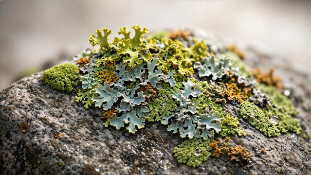 A stunning macro shot displays diverse green and grey lichen growths with tiny waterdrops resting on a textured stone surface in a natural environment.