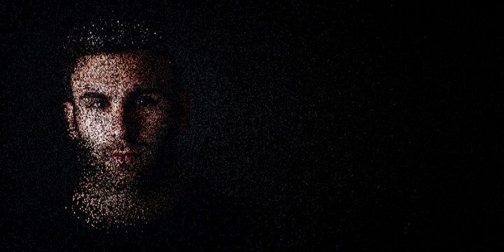 Digital ID Portrait of Man with Face made up of Data. Biometrics Concept with copy-space.