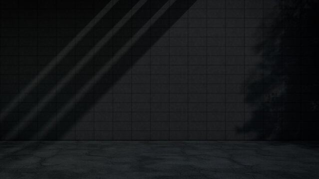 Empty Dark Panel Wall Outside Area with Canopy Shadow and Asphalt Floor. Construction Material Concept with copy-space.