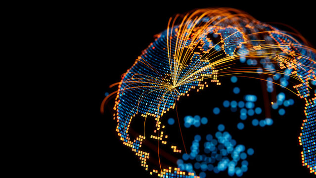 Optical Fibres from Toronto, Canada on Virtual Globe Map made of Radiant Blue and Orange Square Pixels. Mobile Network Concept.