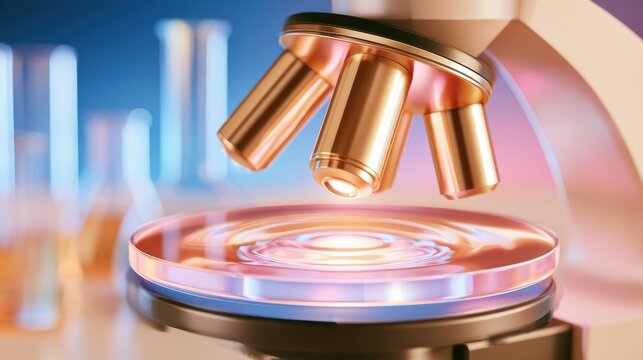 Scientific microscope with golden lens reflecting soft glow on petri dish, laboratory equipment in background, research