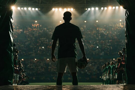 Soccer player standing in the tunnel entrance looking out at a brightly lit stadium full of fans