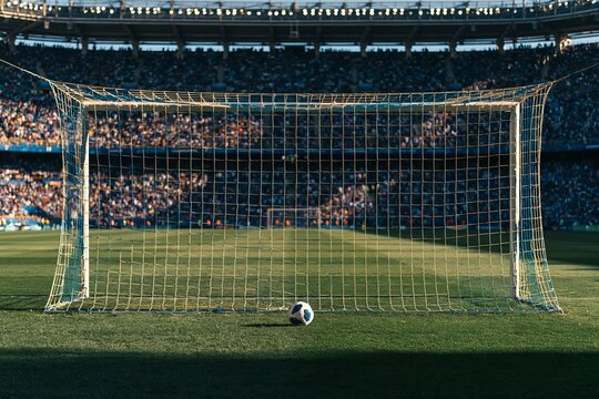 Soccer ball sitting on the grass in front of an empty goal net inside a large crowded stadium