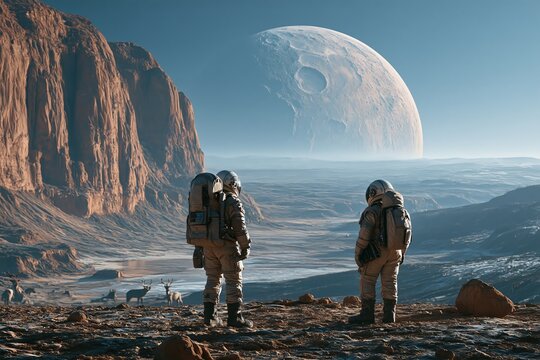 Two astronauts standing on a rocky alien planet surface looking at two large moons in the sunset sky