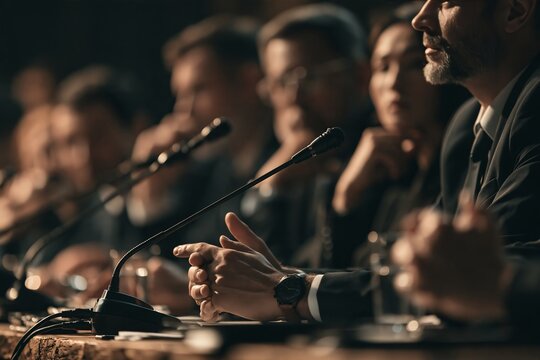 Close up of a businessman speaking into a microphone during a formal corporate press conference event