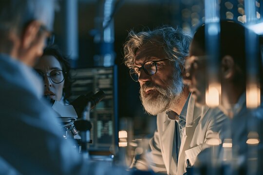 Diverse team of scientists working in a dark laboratory with microscopes and glass test tube samples