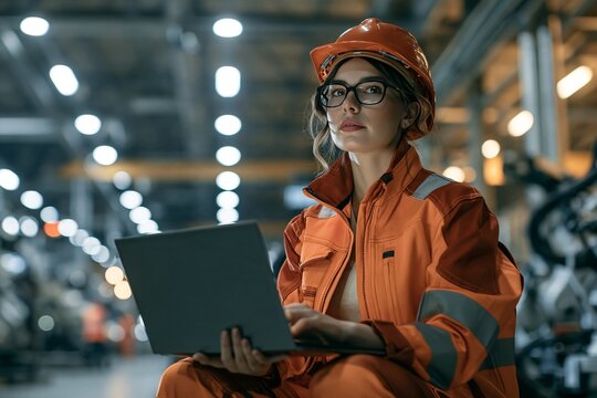 Female industrial engineer in a hard hat and orange jumpsuit working on a laptop in a factory