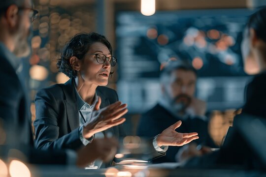 Focused businesswoman leading a corporate strategy meeting with colleagues in a modern office